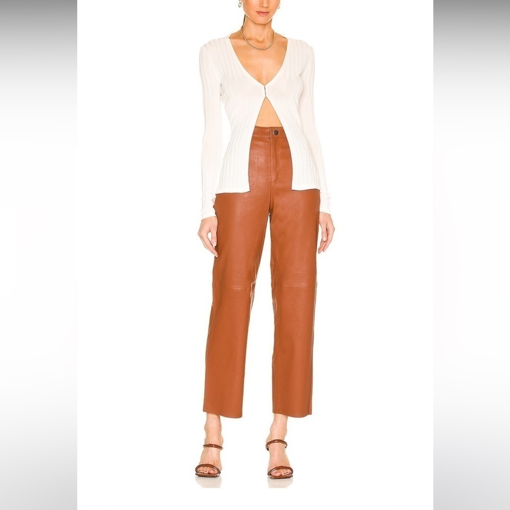High-Rise Brown Leather Straight-Leg Pants